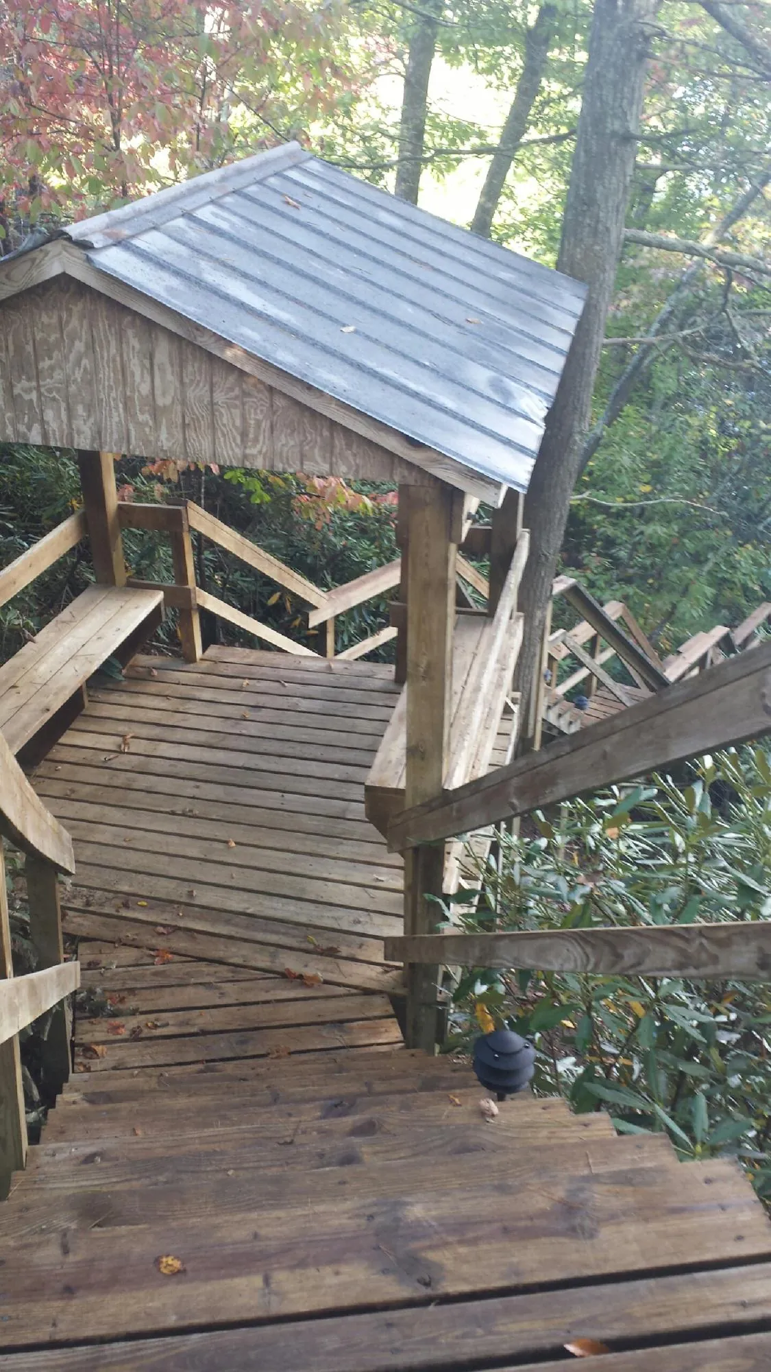 Metal roofed shelter over wooden steps on a wooded walkway — Skylight Repair & Installation work by our crew in Rio Vista